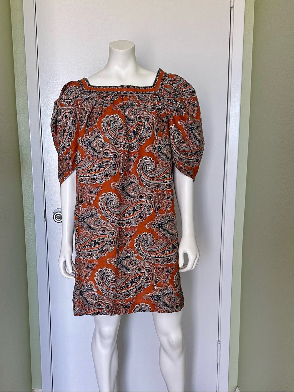 H&M Rust Paisley Puff-Sleeve Mini Dress - Womens